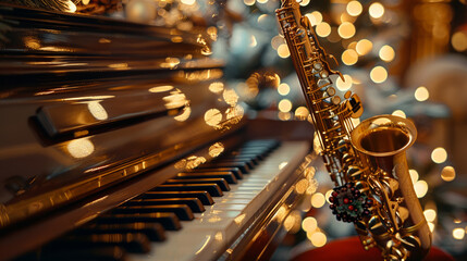 Golden saxophone resting on piano keys with festive bokeh lights in background