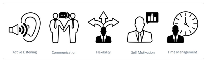 A set of 5 Soft Skills icons as active listening, communication, flexibility