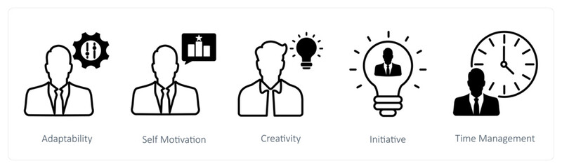 A set of 5 Soft Skills icons as adaptability, self motivation, creativity