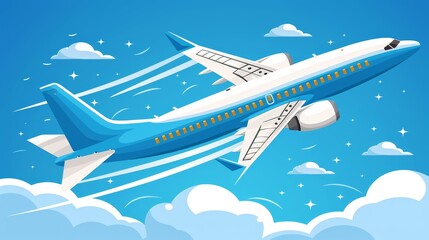  A blue-and-white airplane flies against a backdrop of a blue sky, dotted with white, fluffy clouds and speckled with stars