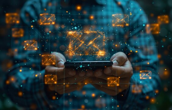 Futuristic image of hands holding a glowing email icon surrounded by digital envelopes