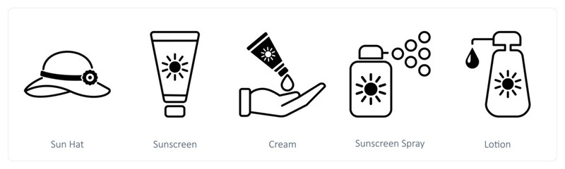 A set of 5 Sun Protection icons as sun hat, sunscreen, cream