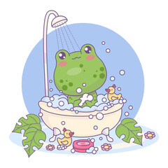 Cute frog bathes in bath with foam and rubber duck toy. Funny cartoon relaxed kawaii animal character in shower in bathroom. Vector illustration. Kids collection 