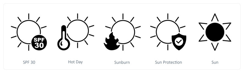 A set of 5 Sun Protection icons as spf 30, hot day, sunburn