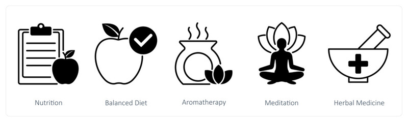 A set of 5 Wellness icons as nutrition, balanced diet, aromatherapy