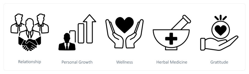 A set of 5 Wellness icons as relationship, personal growth, wellness