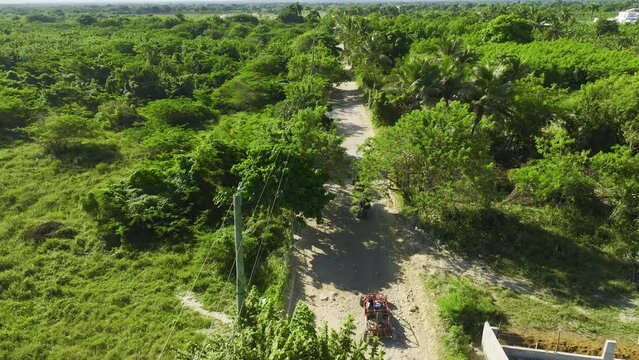 Aerial View Of Driving Off-road Buggies In Macao, Punta Cana, Dominican Republic. 
