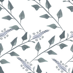 Flowering twigs and leaves of mint or lemon balm in a dusty green color in sketch style. Seamless watercolor pattern for fabric, wallpaper, wrapping paper, packaging cosmetics, tablecloths, curtains