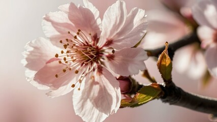 Obraz premium A close up of a delicate cherry blossom petal, its pale pink hues radiating in soft light