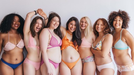 A diverse group of women, all smiling confidently. They are of different races, shapes, and sizes, wearing colourful swimsuits. The backdrop is a plain white wall