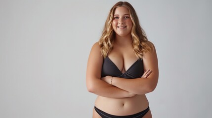 Fototapeta premium Clad in basic lingerie, woman embraces natural curves and individuality on a plain background. Girl's smile, a deep sense of self-acceptance and love, embracing their own unique beauty and body