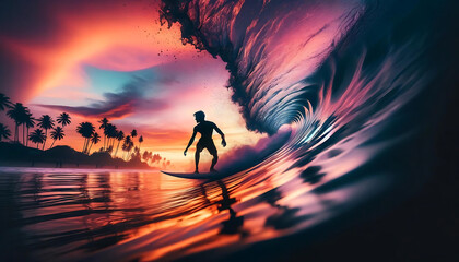 Surfer catches waves during beautiful sunset The sky is painted in shades of orange, pink, and purple. Surfers skillfully ride big waves. The water reflects the bright colors of the sky.