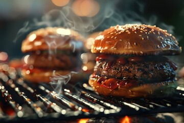 having fun cooking hamburgers in the backyard. American barbecue. Independence day