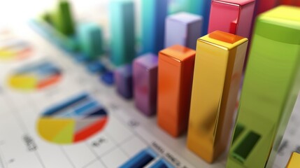 A vibrant 3D render of a variety of colorful bar charts and pie graphs representing statistical data analysis and business metrics