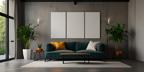 black poster frame mock up in grey modern background. marble table. Glass vase. Display template. 3d rendering. illustration