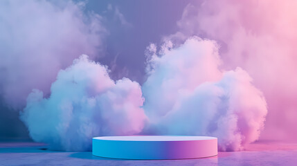 Round podium surrounded by smoke