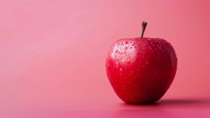 A fresh red apple with glistening water droplets positioned against a soft pink background, evoking...