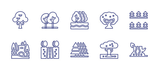 Forest line icon set. Editable stroke. Vector illustration. Containing forest, landscape, tree, trees, pine, woods, log, olivetree.