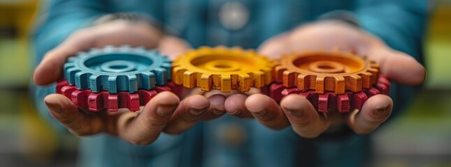 Diverse hands holding colorful gears against a rustic background, symbolizing teamwork and collaboration