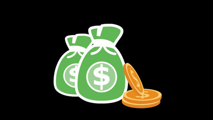 Dollar coin green money bag animation black background