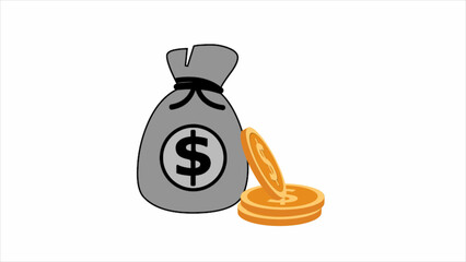 Dollar coin one gray money bag animated white background