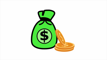 Dollar coin one green money bag animated white background