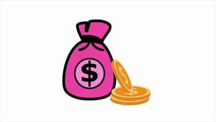 Dollar coin one pink money bag animated white background