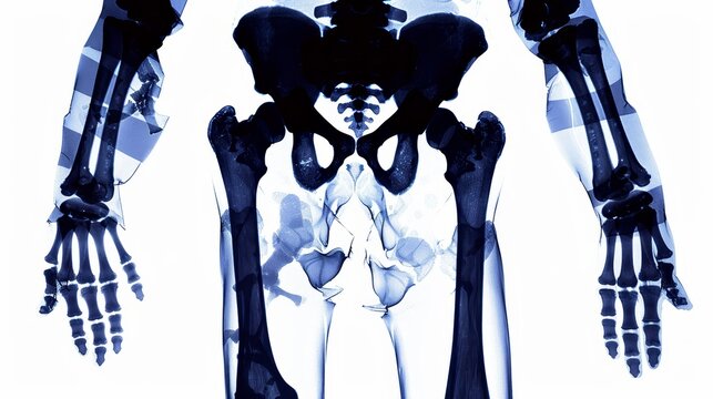  A clear X-ray image of a human skeleton displays the lower limbs  No repet