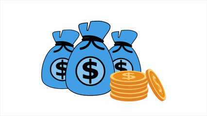 Three blue money bag golden dollar coin animated white background