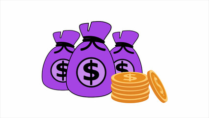 Three purple money bag golden dollar coin animated white background
