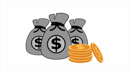 Three gray money bag golden dollar coin animated white background