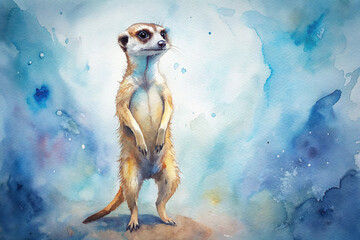 A curious meerkat standing on its hind legs, depicted in a whimsical watercolor style 