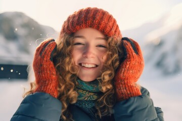 Cheerful woman having fun and hugs her face with his hands while walking in the mountains in winter