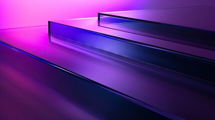 A purple and blue light is shining on a glass table.