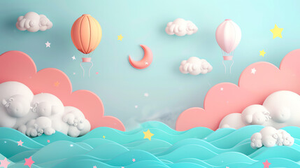 Colorful hot air balloons floating over pastel clouds and waves in a whimsical landscape