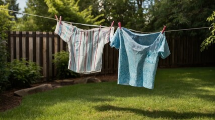 Clothesline strung between two trees with laundry hanging in a serene backyard