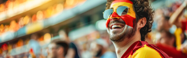 Happy Spanish male supporter with face painted in Spanish flag, Spanish male fan at a sports event