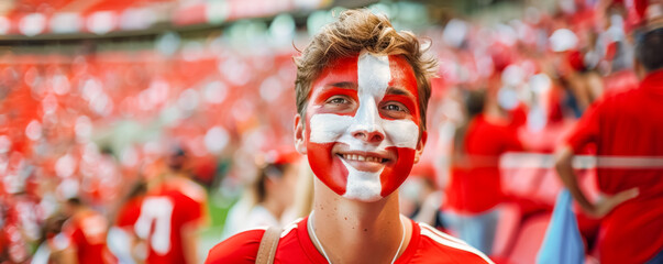 Happy Swiss male supporter with face painted in Swiss flag, Swiss male fan at a sports event