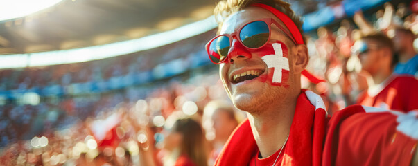 Happy Swiss male supporter with face painted in Swiss flag, Swiss male fan at a sports event