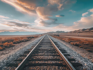 Dramatic Perspective Shot of Train Tracks at Sunset