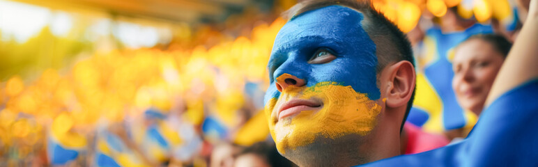Happy Ukrainian male supporter with face painted in Ukrainian flag, Ukrainian male fan at a sports event