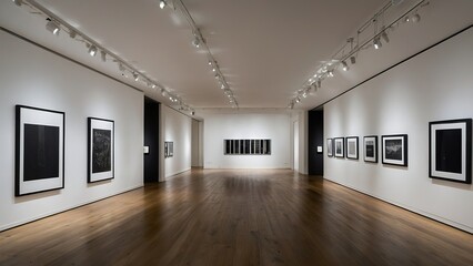 Modern gallery exhibiting abstract art in a minimalist, well lit space