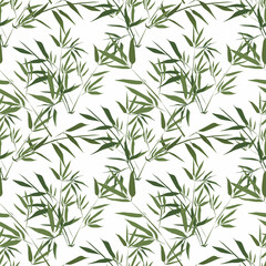 Seamless tropical pattern. Green leaves, bamboo branches on a white background.