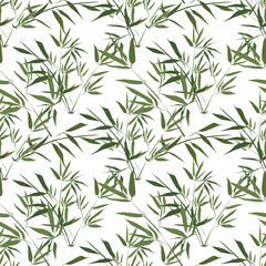 Fototapeta premium Seamless tropical pattern. Green leaves, bamboo branches on a white background.