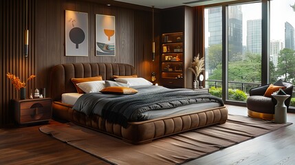 A modern bedroom with wood floors and brown furniture.