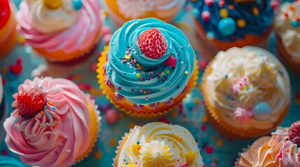 Many colorful cupcakes are arranged on a table.