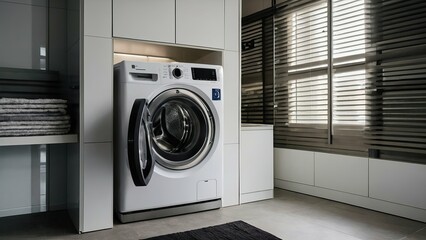 A sleek front-loading washing machine with its door closed in a modern laundry setting.