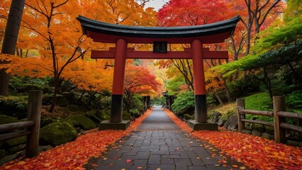 A serene torii gate amidst vibrant maple trees during autumn in a peaceful Japanese forest.