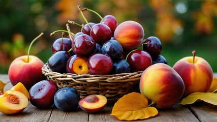 A bountiful fruit arrangement on a wooden table surrounded by autumn leaves