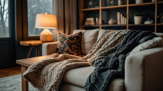 Cozy living room with a basket of knitted blankets on a couch